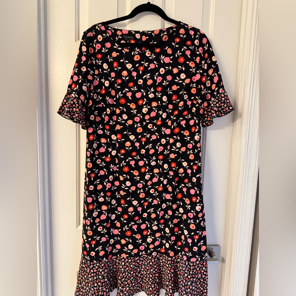Talbots Black Dress with Pink and Red Floral Design